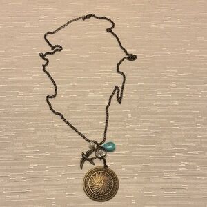 Source Unknown Bronze Sunburst Pendant Necklace with Blue and Pearl Accents